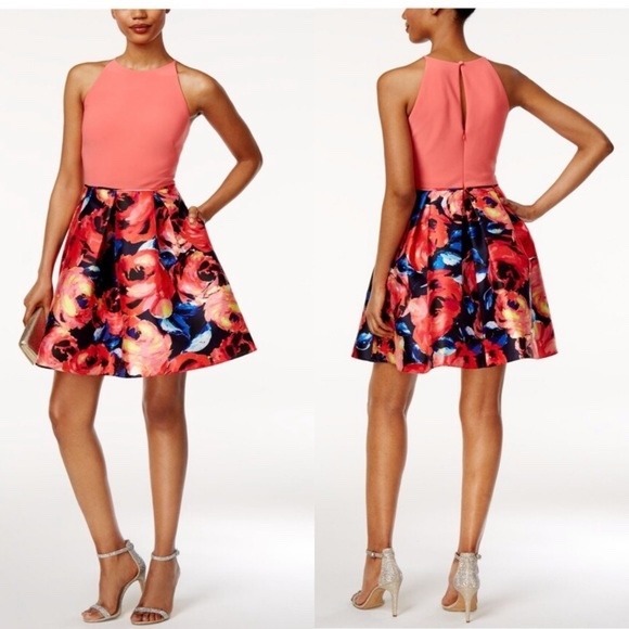 Adrianna Papell Womens 14 Coral Floral Print High Neck Mikado Dress Fit & Flare - Picture 2 of 14